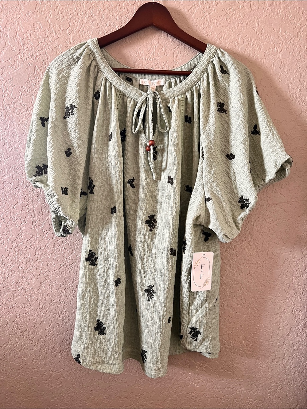 NWT Fig and Flower Sage Green Puff-Sleeve Peasant Top XXL Boho Fall Vibes